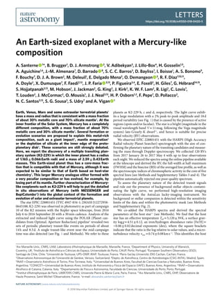 Letters
https://doi.org/10.1038/s41550-018-0420-5
© 2018 Macmillan Publishers Limited, part of Springer Nature. All rights reserved.
1
Aix Marseille Univ., CNRS, LAM, Laboratoire d’Astrophysique de Marseille, Marseille, France. 2
Department of Physics, University of Warwick,
Coventry, UK. 3
Instituto de Astrofísica e Ciências do Espaço, Universidade do Porto, CAUP, Porto, Portugal. 4
European Southern Observatory (ESO),
Santiago de Chile, Chile. 5
Université de Toulouse, UPS-OMP, IRAP, Toulouse, France. 6
Paris-Saclay Université, ENS Cachan, Cachan, France.
7
Observatoire Astronomique de l’Université de Genève, Versoix, Switzerland. 8
Depto. de Astrofísica, Centro de Astrobiología (CSIC-INTA), Madrid, Spain.
9
INAF—Osservatorio Astrofisico di Torino, Pino Torinese, Italy. 10
Universidad de Buenos Aires, Facultad de Ciencias Exactas y Naturales, Buenos Aires,
Argentina. 11
CONICET—Universidad de Buenos Aires, Instituto de Astronomía y Física del Espacio (IAFE), Buenos Aires, Argentina. 12
INAF—Osservatorio
Atrofisico di Catania, Catania, Italy. 13
Departamento de Física e Astronomia, Faculdade de Ciencias, Universidade do Porto, Porto, Portugal.
14
Institut d’Astrophysique de Paris, UMR7095 CNRS, Universite Pierre & Marie Curie, Paris, France. 15
Aix Marseille Univ., CNRS, OHP, Observatoire de
Haute Provence, Saint Michel l’Observatoire, France. *e-mail: alexandre.santerne@lam.fr
Earth, Venus, Mars and some extrasolar terrestrial planets1
have a mass and radius that is consistent with a mass fraction
of about 30% metallic core and 70% silicate mantle2
. At the
inner frontier of the Solar System, Mercury has a completely
different composition, with a mass fraction of about 70%
metallic core and 30% silicate mantle3
. Several formation or
evolution scenarios are proposed to explain this metal-rich
composition, such as a giant impact4
, mantle evaporation5
or the depletion of silicate at the inner edge of the proto-
planetary disk6
. These scenarios are still strongly debated.
Here, we report the discovery of a multiple transiting plan-
etary system (K2-229) in which the inner planet has a radius
of 1.165 ±​ 0.066 Earth radii and a mass of 2.59 ±​ 0.43 Earth
masses. This Earth-sized planet thus has a core-mass frac-
tion that is compatible with that of Mercury, although it was
expected to be similar to that of Earth based on host-star
chemistry7
. This larger Mercury analogue either formed with
a very peculiar composition or has evolved, for example, by
losing part of its mantle. Further characterization of Mercury-
like exoplanets such as K2-229 b will help to put the detailed
in situ observations of Mercury (with MESSENGER and
BepiColombo8
) into the global context of the formation and
evolution of solar and extrasolar terrestrial planets.
The star EPIC 228801451 (TYC 4947-834-1; 2MASS J12272958-
0643188; K2-229) was observed in photometry as part of campaign
10 of the K2 mission with the Kepler space telescope, from 2016
July 6 to 2016 September 20 with a 30 min cadence. Analysis of the
extracted and reduced light curve using the POLAR (Planet can-
didates from OptimaL Aperture Reduction) pipeline9
revealed two
sets of periodic planetary transit-like events on periods of about
14 h and 8.3 d. A single transit-like event near the mid-campaign
time was also detected (see Fig. 1 and Methods). We refer to these
planets as K2-229 b, c and d, respectively. The light curve exhib-
its a large modulation with a 2% peak-to-peak amplitude and 18 d
period variability (see Fig. 1) that is caused by the presence of active
regions (spots and/or faculae). The star is a bright (magnitude in the
visual wavelength band V =​ 11 mag, following the Vega magnitude
system) late-G/early-K dwarf10
, and hence is suitable for precise
radial velocity (RV) observations.
We observed EPIC 228801451 with the HARPS (High Accuracy
Radial velocity Planet Searcher) spectrograph with the aim of con-
firming the planetary nature of the transiting candidates and measur-
ing the mass through Doppler spectroscopy. We collected 120 RVs
from 2017 January 26 to 2017 May 4 with up to four observations
each night. We reduced the spectra using the online pipeline available
at the telescope and derived the RV, the full-width at half-maximum
(FWHM) and the bisector (BIS) of the averaged line profile, as well as
the spectroscopic indices of chromospheric activity in the core of five
spectral lines (see Methods and Supplementary Tables 3 and 4). The
pipeline automatically rejected one poor-quality spectrum.
To assess the planetary nature of the detected transit signals
and rule out the presence of background stellar objects contami-
nating the light curve, we performed high-resolution imaging
observations with the AstraLux lucky-imaging instrument. No
background or stellar companion is detected within the sensitivity
limits of the data and within the photometric mask (see Methods
and Supplementary Fig. 2).
We co-added the HARPS spectra and derived the spectral
parameters of the host star11
(see Methods). We find that the host
star has an effective temperature Teff =​ 5,120 ±​ 39 K, a surface grav-
ity log g =​ 4.51 ±​ 0.12, an iron/hydrogen abundance ratio [Fe/H] =​ 
−​0.06 ±​ 0.02 decimal exponents (dex), where the square brackets
indicate that the ratio is the log relative to solar values, and a micro-
turbulence velocity vmic =​ 0.74 ±​ 0.08 km s−1
. This identifies the host
An Earth-sized exoplanet with a Mercury-like
composition
A. Santerne   1
*, B. Brugger1
, D. J. Armstrong   2
, V. Adibekyan3
, J. Lillo-Box4
, H. Gosselin1,5
,
A. Aguichine1,6
, J.-M. Almenara7
, D. Barrado   8
, S. C. C. Barros3
, D. Bayliss7
, I. Boisse1
, A. S. Bonomo9
,
F. Bouchy7
, D. J. A. Brown2
, M. Deleuil1
, E. Delgado Mena3
, O. Demangeon   3
, R. F. Díaz7,10,11
,
A. Doyle2
, X. Dumusque7
, F. Faedi2,12
, J. P. Faria   3,13
, P. Figueira3,4
, E. Foxell2
, H. Giles7
, G. Hébrard14,15
,
S. Hojjatpanah3,13
, M. Hobson1
, J. Jackman2
, G. King2
, J. Kirk2
, K. W. F. Lam2
, R. Ligi1
, C. Lovis7
,
T. Louden2
, J. McCormac2
, O. Mousis1
, J. J. Neal3,13
, H. P. Osborn1,2
, F. Pepe7
, D. Pollacco2
,
N. C. Santos3,13
, S. G. Sousa3
, S. Udry7
and A. Vigan   1
Nature AstronomY | www.nature.com/natureastronomy
 