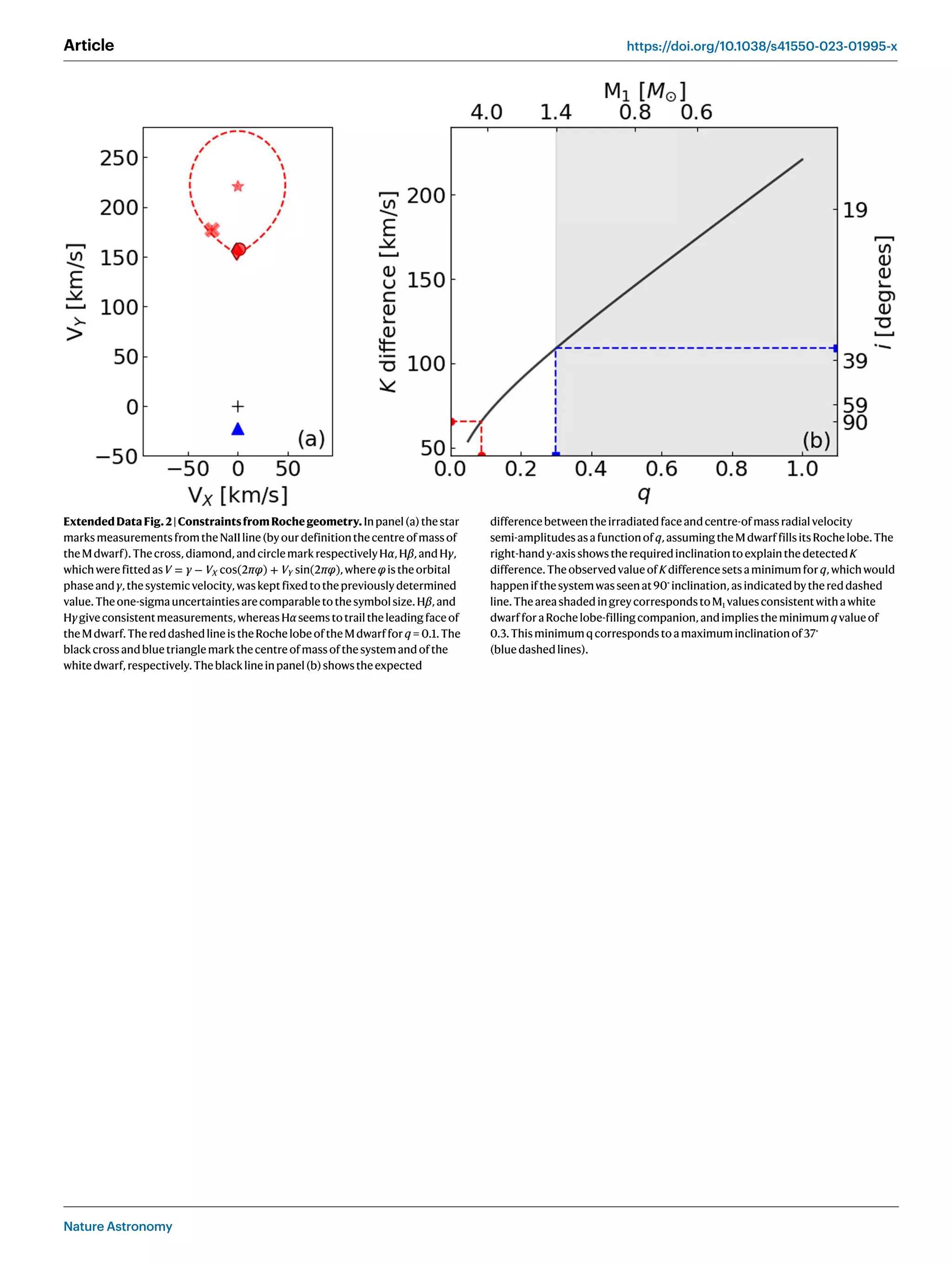 Nature Astronomy
Article https://doi.org/10.1038/s41550-023-01995-x
ExtendedDataFig.2|ConstraintsfromRochegeometry.Inpanel(a)thestar
marksmeasurementsfromtheNaIIline(byourdefinitionthecentreofmassof
theMdwarf).Thecross,diamond,andcirclemarkrespectivelyHα,Hβ,andHγ,
whichwerefittedasV = γ − VX cos(2πφ) + VY sin(2πφ),whereφistheorbital
phaseandγ,thesystemicvelocity,waskeptfixedtothepreviouslydetermined
value.Theone-sigmauncertaintiesarecomparabletothesymbolsize.Hβ,and
Hγgiveconsistentmeasurements,whereasHα seemstotrailtheleadingfaceof
theMdwarf.ThereddashedlineistheRochelobeoftheMdwarfforq = 0.1.The
blackcrossandbluetrianglemarkthecentreofmassofthesystemandofthe
whitedwarf,respectively.Theblacklineinpanel(b)showstheexpected
differencebetweentheirradiatedfaceandcentre-ofmassradialvelocity
semi-amplitudesasafunctionofq,assumingtheMdwarffillsitsRochelobe.The
right-handy-axisshowstherequiredinclinationtoexplainthedetectedK
difference.TheobservedvalueofKdifferencesetsaminimumforq,whichwould
happenifthesystemwasseenat90∘
inclination,asindicatedbythereddashed
line.TheareashadedingreycorrespondstoM1 valuesconsistentwithawhite
dwarfforaRochelobe-fillingcompanion,andimpliestheminimumq valueof
0.3.Thisminimumqcorrespondstoamaximuminclinationof37∘
(bluedashedlines).
 