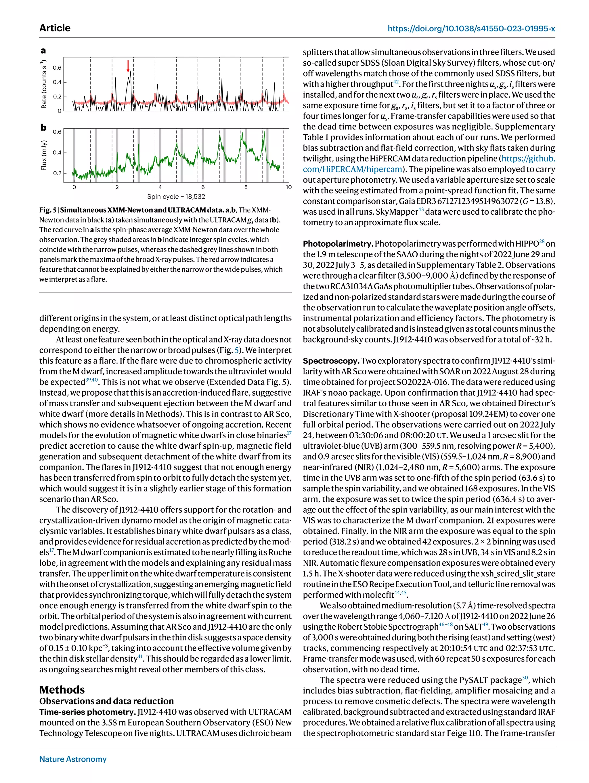 Nature Astronomy
Article https://doi.org/10.1038/s41550-023-01995-x
differentoriginsinthesystem,oratleastdistinctopticalpathlengths
dependingonenergy.
AtleastonefeatureseenbothintheopticalandX-raydatadoesnot
correspondtoeitherthenarroworbroadpulses(Fig.5).Weinterpret
this feature as a flare. If the flare were due to chromospheric activity
fromtheMdwarf,increasedamplitudetowardstheultravioletwould
be expected39,40
. This is not what we observe (Extended Data Fig. 5).
Instead,weproposethatthisisanaccretion-inducedflare,suggestive
of mass transfer and subsequent ejection between the M dwarf and
white dwarf (more details in Methods). This is in contrast to AR Sco,
which shows no evidence whatsoever of ongoing accretion. Recent
models for the evolution of magnetic white dwarfs in close binaries17
predict accretion to cause the white dwarf spin-up, magnetic field
generation and subsequent detachment of the white dwarf from its
companion. The flares in J1912-4410 suggest that not enough energy
hasbeentransferredfromspintoorbittofullydetachthesystemyet,
which would suggest it is in a slightly earlier stage of this formation
scenariothanARSco.
The discovery of J1912-4410 offers support for the rotation- and
crystallization-driven dynamo model as the origin of magnetic cata-
clysmic variables. It establishes binary white dwarf pulsars as a class,
andprovidesevidenceforresidualaccretionaspredictedbythemod-
els17
.TheMdwarfcompanionisestimatedtobenearlyfillingitsRoche
lobe, in agreement with the models and explaining any residual mass
transfer.Theupperlimitonthewhitedwarftemperatureisconsistent
withtheonsetofcrystallization,suggestinganemergingmagneticfield
thatprovidessynchronizingtorque,whichwillfullydetachthesystem
once enough energy is transferred from the white dwarf spin to the
orbit.Theorbitalperiodofthesystemisalsoinagreementwithcurrent
model predictions. Assuming that AR Sco and J1912-4410 are the only
twobinarywhitedwarfpulsarsinthethindisksuggestsaspacedensity
of0.15 ± 0.10 kpc−3
,takingintoaccounttheeffectivevolumegivenby
thethindiskstellardensity41
.Thisshouldberegardedasalowerlimit,
asongoingsearchesmightrevealothermembersofthisclass.
Methods
Observations and data reduction
Time-series photometry. J1912-4410 was observed with ULTRACAM
mounted on the 3.58 m European Southern Observatory (ESO) New
TechnologyTelescopeonfivenights.ULTRACAMusesdichroicbeam
splittersthatallowsimultaneousobservationsinthreefilters.Weused
so-called super SDSS (Sloan Digital Sky Survey) filters, whose cut-on/
off wavelengths match those of the commonly used SDSS filters, but
withahigherthroughput42
.Forthefirstthreenightsus,gs,is filterswere
installed,andforthenexttwous,gs,rs filterswereinplace.Weusedthe
same exposure time for gs, rs, is filters, but set it to a factor of three or
fourtimeslongerforus.Frame-transfercapabilitieswereusedsothat
the dead time between exposures was negligible. Supplementary
Table 1 provides information about each of our runs. We performed
bias subtraction and flat-field correction, with sky flats taken during
twilight,usingtheHiPERCAMdatareductionpipeline(https://github.
com/HiPERCAM/hipercam). The pipeline was also employed to carry
outaperturephotometry.Weusedavariableaperturesizesettoscale
with the seeing estimated from a point-spread function fit. The same
constantcomparisonstar,GaiaEDR36712712349514963072(G = 13.8),
wasusedinallruns.SkyMapper43
datawereusedtocalibratethepho-
tometrytoanapproximatefluxscale.
Photopolarimetry.PhotopolarimetrywasperformedwithHIPPO28
on
the1.9 mtelescopeoftheSAAOduringthenightsof2022June29and
30,2022July3–5,asdetailedinSupplementaryTable2.Observations
werethroughaclearfilter(3,500–9,000 Å)definedbytheresponseof
thetwoRCA31034AGaAsphotomultipliertubes.Observationsofpolar-
izedandnon-polarizedstandardstarsweremadeduringthecourseof
theobservationruntocalculatethewaveplatepositionangleoffsets,
instrumental polarization and efficiency factors. The photometry is
notabsolutelycalibratedandisinsteadgivenastotalcountsminusthe
background-skycounts.J1912-4410wasobservedforatotalof~32 h.
Spectroscopy.TwoexploratoryspectratoconfirmJ1912-4410’ssimi-
laritywithARScowereobtainedwithSOARon2022August28during
timeobtainedforprojectSO2022A-016.Thedatawerereducedusing
IRAF’s noao package. Upon confirmation that J1912-4410 had spec-
tral features similar to those seen in AR Sco, we obtained Director’s
Discretionary Time with X-shooter (proposal 109.24EM) to cover one
full orbital period. The observations were carried out on 2022 July
24, between 03:30:06 and 08:00:20 ut. We used a 1 arcsec slit for the
ultraviolet-blue(UVB)arm(300–559.5 nm,resolvingpowerR = 5,400),
and0.9 arcsecslitsforthevisible(VIS)(559.5–1,024 nm,R = 8,900)and
near-infrared (NIR) (1,024–2,480 nm, R = 5,600) arms. The exposure
time in the UVB arm was set to one-fifth of the spin period (63.6 s) to
samplethespinvariability,andweobtained168exposures.IntheVIS
arm, the exposure was set to twice the spin period (636.4 s) to aver-
age out the effect of the spin variability, as our main interest with the
VIS was to characterize the M dwarf companion. 21 exposures were
obtained. Finally, in the NIR arm the exposure was equal to the spin
period(318.2 s)andweobtained42exposures.2 × 2binningwasused
toreducethereadouttime,whichwas28 sinUVB,34 sinVISand8.2 sin
NIR.Automaticflexurecompensationexposureswereobtainedevery
1.5 h. The X-shooter data were reduced using the xsh_scired_slit_stare
routineintheESORecipeExecutionTool,andtelluriclineremovalwas
performedwithmolecfit44,45
.
Wealsoobtainedmedium-resolution(5.7 Å)time-resolvedspectra
overthewavelengthrange4,060–7,120 ÅofJ1912-4410on2022June26
usingtheRobertStobieSpectrograph46–48
onSALT49
.Twoobservations
of3,000 swereobtainedduringboththerising(east)andsetting(west)
tracks, commencing respectively at 20:10:54 utc and 02:37:53 utc.
Frame-transfermodewasused,with60repeat50 sexposuresforeach
observation,withnodeadtime.
The spectra were reduced using the PySALT package50
, which
includes bias subtraction, flat-fielding, amplifier mosaicing and a
process to remove cosmetic defects. The spectra were wavelength
calibrated,backgroundsubtractedandextractedusingstandardIRAF
procedures.Weobtainedarelativefluxcalibrationofallspectrausing
the spectrophotometric standard star Feige 110. The frame-transfer
0.6
0.4
0.2
0
0.6
0.4
0.2
0 2 4 6 8 10
Rate
(counts
s
–1
)
Flux
(mJy)
Spin cycle − 18,532
a
b
Fig.5|SimultaneousXMM-NewtonandULTRACAMdata. a,b,TheXMM-
Newtondatainblack(a)takensimultaneouslywiththeULTRACAMgs data(b).
Theredcurveinaisthespin-phaseaverageXMM-Newtondataoverthewhole
observation.Thegreyshadedareasinb indicateintegerspincycles,which
coincidewiththenarrowpulses,whereasthedashedgreylinesshowninboth
panelsmarkthemaximaofthebroadX-raypulses.Theredarrowindicatesa
featurethatcannotbeexplainedbyeitherthenarroworthewidepulses,which
weinterpretasaflare.
 
