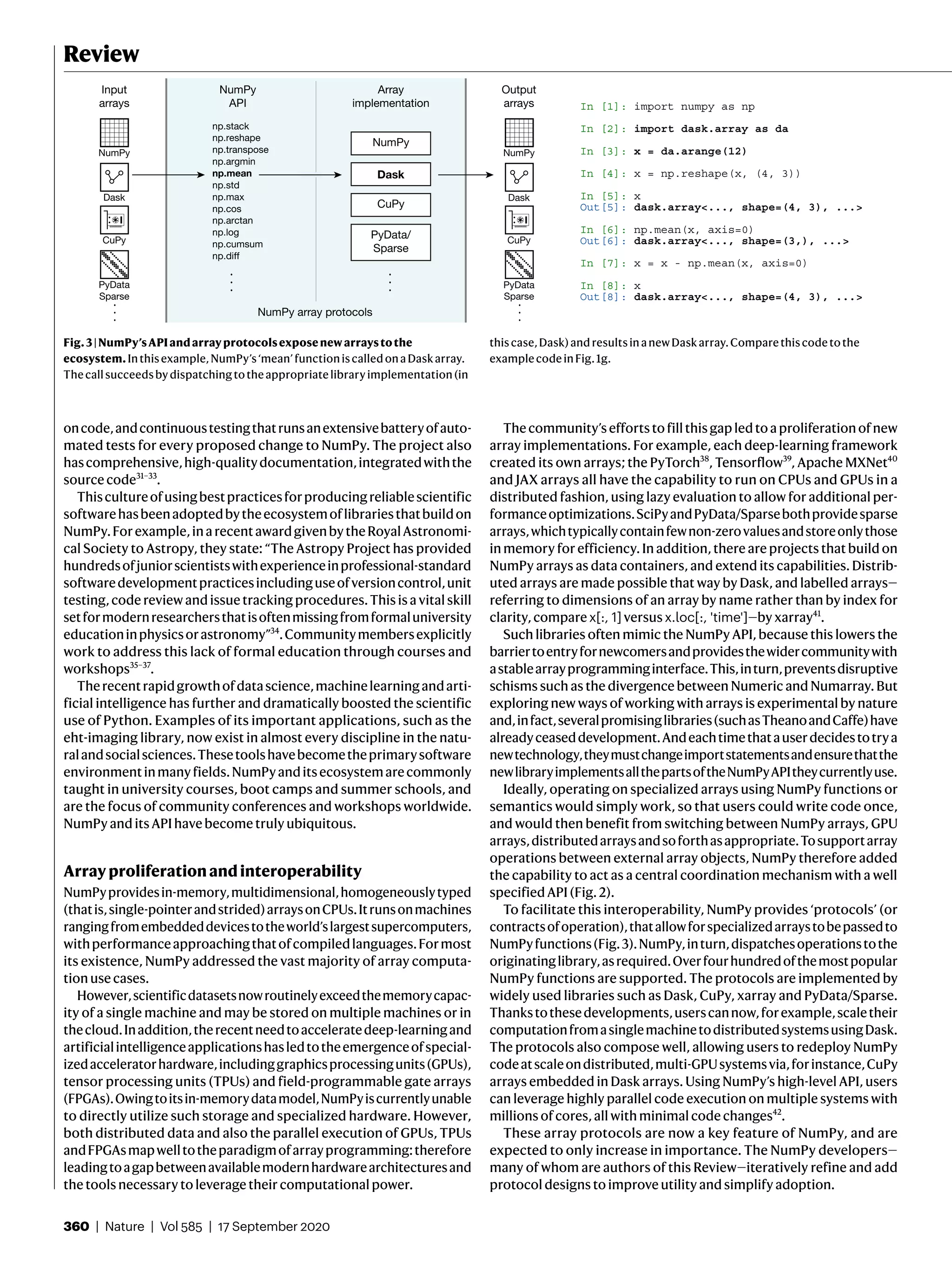 360 | Nature | Vol 585 | 17 September 2020
Review
oncode,andcontinuoustestingthatrunsanextensivebatteryofauto-
mated tests for every proposed change to NumPy. The project also
hascomprehensive,high-qualitydocumentation,integratedwiththe
source code31–33
.
Thiscultureofusingbestpracticesforproducingreliablescientific
softwarehasbeenadoptedbytheecosystemoflibrariesthatbuildon
NumPy.Forexample,inarecentawardgivenbytheRoyalAstronomi-
cal Society to Astropy, they state: “The Astropy Project has provided
hundredsofjuniorscientistswithexperienceinprofessional-standard
softwaredevelopmentpracticesincludinguseofversioncontrol,unit
testing, code review and issue tracking procedures. This is a vital skill
setformodernresearchersthatisoftenmissingfromformaluniversity
educationinphysicsorastronomy”34
.Communitymembersexplicitly
work to address this lack of formal education through courses and
workshops35–37
.
Therecentrapidgrowthofdatascience,machinelearningandarti-
ficial intelligence has further and dramatically boosted the scientific
use of Python. Examples of its important applications, such as the
eht-imaging library, now exist in almost every discipline in the natu-
ralandsocialsciences.Thesetoolshavebecometheprimarysoftware
environmentinmanyfields.NumPyanditsecosystemarecommonly
taught in university courses, boot camps and summer schools, and
are the focus of community conferences and workshops worldwide.
NumPy and its API have become truly ubiquitous.
Arrayproliferationandinteroperability
NumPyprovidesin-memory,multidimensional,homogeneouslytyped
(thatis,single-pointerandstrided)arraysonCPUs.Itrunsonmachines
rangingfromembeddeddevicestotheworld’slargestsupercomputers,
withperformanceapproachingthatofcompiledlanguages.Formost
its existence, NumPy addressed the vast majority of array computa-
tion use cases.
However,scientificdatasetsnowroutinelyexceedthememorycapac-
ity of a single machine and may be stored on multiple machines or in
thecloud.Inaddition,therecentneedtoacceleratedeep-learningand
artificialintelligenceapplicationshasledtotheemergenceofspecial-
izedacceleratorhardware,includinggraphicsprocessingunits(GPUs),
tensor processing units (TPUs) and field-programmable gate arrays
(FPGAs).Owingtoitsin-memorydatamodel,NumPyiscurrentlyunable
to directly utilize such storage and specialized hardware. However,
both distributed data and also the parallel execution of GPUs, TPUs
andFPGAsmapwelltotheparadigmofarrayprogramming:therefore
leadingtoagapbetweenavailablemodernhardwarearchitecturesand
the tools necessary to leverage their computational power.
Thecommunity’seffortstofillthisgapledtoaproliferationofnew
array implementations. For example, each deep-learning framework
created its own arrays; the PyTorch38
, Tensorflow39
, Apache MXNet40
and JAX arrays all have the capability to run on CPUs and GPUs in a
distributed fashion, using lazy evaluation to allow for additional per-
formanceoptimizations.SciPyandPyData/Sparsebothprovidesparse
arrays,whichtypicallycontainfewnon-zerovaluesandstoreonlythose
in memory for efficiency. In addition, there are projects that build on
NumPy arrays as data containers, and extend its capabilities. Distrib-
uted arrays are made possible that way by Dask, and labelled arrays—
referring to dimensions of an array by name rather than by index for
clarity, compare x[:, 1] versus x.loc[:, 'time']—by xarray41
.
Such libraries often mimic the NumPy API, because this lowers the
barriertoentryfornewcomersandprovidesthewidercommunitywith
astablearray programminginterface.This,inturn,preventsdisruptive
schisms such as the divergence between Numeric and Numarray. But
exploring new ways of working with arrays is experimental by nature
and,infact,severalpromisinglibraries(suchasTheanoandCaffe)have
alreadyceaseddevelopment.Andeachtimethatauserdecidestotrya
newtechnology,theymustchangeimportstatementsandensurethatthe
newlibraryimplementsallthepartsoftheNumPyAPItheycurrentlyuse.
Ideally, operating on specialized arrays using NumPy functions or
semantics would simply work, so that users could write code once,
and would then benefit from switching between NumPy arrays, GPU
arrays,distributedarraysandsoforthasappropriate.Tosupportarray
operations between external array objects, NumPy therefore added
the capability to act as a central coordination mechanism with a well
specified API (Fig. 2).
To facilitate this interoperability, NumPy provides ‘protocols’ (or
contractsofoperation),thatallowforspecializedarraystobepassedto
NumPyfunctions(Fig. 3).NumPy,inturn,dispatchesoperationstothe
originatinglibrary,asrequired.Overfourhundredofthemostpopular
NumPy functions are supported. The protocols are implemented by
widely used libraries such as Dask, CuPy, xarray and PyData/Sparse.
Thankstothesedevelopments,userscannow,forexample,scaletheir
computationfromasinglemachinetodistributedsystemsusingDask.
The protocols also compose well, allowing users to redeploy NumPy
codeatscaleondistributed,multi-GPUsystemsvia,forinstance,CuPy
arrays embedded in Dask arrays. Using NumPy’s high-level API, users
can leverage highly parallel code execution on multiple systems with
millions of cores, all with minimal code changes42
.
These array protocols are now a key feature of NumPy, and are
expected to only increase in importance. The NumPy developers—
many of whom are authors of this Review—iteratively refine and add
protocol designs to improve utility and simplify adoption.
Output
arrays
Input
arrays
NumPy
API
np.stack
np.reshape
np.transpose
np.argmin
np.mean
np.std
np.max
np.cos
np.arctan
np.log
np.cumsum
np.diff
...
NumPy array protocols
In [1]: import numpy as np
In [2]: import dask.array as da
In [3]: x = da.arange(12)
In [4]: x = np.reshape(x, (4, 3))
In [5]: x
Out[5]: dask.array<..., shape=(4, 3), ...>
In [6]: np.mean(x, axis=0)
Out[6]: dask.array<..., shape=(3,), ...>
In [7]: x = x - np.mean(x, axis=0)
In [8]: x
Out[8]: dask.array<..., shape=(4, 3), ...>
Array
implementation
NumPy
Dask
CuPy
PyData/
Sparse
...
...
Dask
NumPy
CuPy
PyData
Sparse
...
Dask
NumPy
CuPy
PyData
Sparse
Fig.3|NumPy’sAPIandarrayprotocolsexposenewarraystothe
ecosystem.Inthisexample,NumPy’s‘mean’functioniscalledonaDaskarray.
Thecallsucceedsbydispatchingtotheappropriatelibraryimplementation(in
thiscase,Dask)andresultsinanewDaskarray.Comparethiscodetothe
examplecodeinFig. 1g.
 