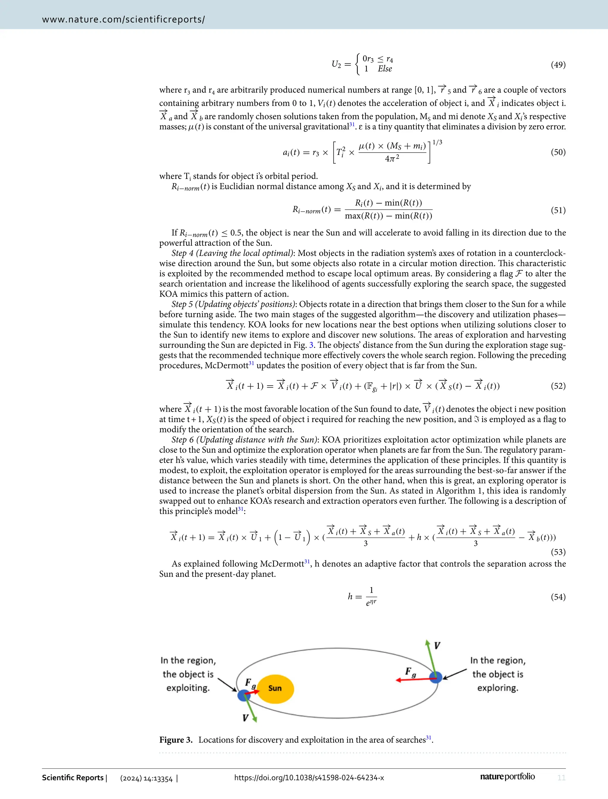 11
Vol.:(0123456789)
Scientific Reports | (2024) 14:13354 | https://doi.org/10.1038/s41598-024-64234-x
www.nature.com/scientificreports/
where ­r3 and ­
r4 are arbitrarily produced numerical numbers at range [0, 1], −
→
r 5 and −
→
r 6 are a couple of vectors
containing arbitrary numbers from 0 to 1, Vi(t) denotes the acceleration of object i, and
−
→
X i indicates object i.
−
→
X a and
−
→
X b are randomly chosen solutions taken from the population, ­
MS and mi denote XS and Xi’s respective
masses; µ(t)is constant of the universal ­
gravitational31
. ɛ is a tiny quantity that eliminates a division by zero error.
where ­Ti stands for object i’s orbital period.
Ri−norm(t)is Euclidian normal distance among XS and Xi, and it is determined by
If Ri−norm(t) ≤ 0.5, the object is near the Sun and will accelerate to avoid falling in its direction due to the
powerful attraction of the Sun.
Step 4 (Leaving the local optimal): Most objects in the radiation system’s axes of rotation in a counterclock-
wise direction around the Sun, but some objects also rotate in a circular motion direction. This characteristic
is exploited by the recommended method to escape local optimum areas. By considering a flag F to alter the
search orientation and increase the likelihood of agents successfully exploring the search space, the suggested
KOA mimics this pattern of action.
Step 5 (Updating objects’ positions): Objects rotate in a direction that brings them closer to the Sun for a while
before turning aside. The two main stages of the suggested algorithm—the discovery and utilization phases—
simulate this tendency. KOA looks for new locations near the best options when utilizing solutions closer to
the Sun to identify new items to explore and discover new solutions. The areas of exploration and harvesting
surrounding the Sun are depicted in Fig. 3. The objects’ distance from the Sun during the exploration stage sug-
gests that the recommended technique more effectively covers the whole search region. Following the preceding
procedures, ­McDermott31
updates the position of every object that is far from the Sun.
where
−
→
X i(t + 1)is the most favorable location of the Sun found to date,
−
→
V i(t)denotes the object i new position
at time t+1, XS(t)is the speed of object i required for reaching the new position, and ℑ is employed as a flag to
modify the orientation of the search.
Step 6 (Updating distance with the Sun): KOA prioritizes exploitation actor optimization while planets are
close to the Sun and optimize the exploration operator when planets are far from the Sun. The regulatory param-
eter h’s value, which varies steadily with time, determines the application of these principles. If this quantity is
modest, to exploit, the exploitation operator is employed for the areas surrounding the best-so-far answer if the
distance between the Sun and planets is short. On the other hand, when this is great, an exploring operator is
used to increase the planet’s orbital dispersion from the Sun. As stated in Algorithm 1, this idea is randomly
swapped out to enhance KOA’s research and extraction operators even further. The following is a description of
this principle’s ­
model31
:
As explained following ­
McDermott31
, ℎ denotes an adaptive factor that controls the separation across the
Sun and the present-day planet.
(49)
U2 =

0r3 ≤ r4
1 Else
(50)
ai(t) = r3 ×

T2
i ×
µ(t) × (MS + mi)
4π2
1/3
(51)
Ri−norm(t) =
Ri(t) − min(R(t))
max(R(t)) − min(R(t))
(52)
−
→
X i(t + 1) =
−
→
X i(t) + F ×
−
→
V i(t) + (Fgi
+ |r|) ×
−
→
U × (
−
→
X S(t) −
−
→
X i(t))
(53)
−
→
X i(t + 1) =
−
→
X i(t) ×
−
→
U 1 +

1 −
−
→
U 1

× (
−
→
X i(t) +
−
→
X S +
−
→
X a(t)
3
+ h × (
−
→
X i(t) +
−
→
X S +
−
→
X a(t)
3
−
−
→
X b(t)))
(54)
h =
1
eηr
Figure 3.  
Locations for discovery and exploitation in the area of ­
searches31
.
 