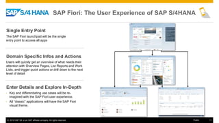 © 2016 SAP SE or an SAP affiliate company. All rights reserved. 11Public
SAP Fiori: The User Experience of SAP S/4HANA
Single Entry Point
Domain Specific Infos and Actions
Enter Details and Explore In-Depth
The SAP Fiori launchpad will be the single
entry point to access all apps
Users will quickly get an overview of what needs their
attention with Overview Pages, List Reports and Work
Lists, and trigger quick actions or drill down to the next
level of detail
• Key and differentiating use cases will be re-
imagined with the SAP Fiori user experience.
• All “classic” applications will have the SAP Fiori
visual theme.
 