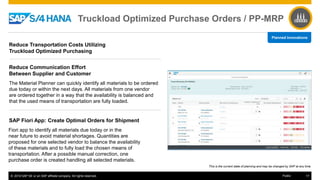 © 2016 SAP SE or an SAP affiliate company. All rights reserved. 17Public
Reduce Transportation Costs Utilizing
Truckload Optimized Purchasing
Reduce Communication Effort
Between Supplier and Customer
The Material Planner can quickly identify all materials to be ordered
due today or within the next days. All materials from one vendor
are ordered together in a way that the availability is balanced and
that the used means of transportation are fully loaded.
SAP Fiori App: Create Optimal Orders for Shipment
Fiori app to identify all materials due today or in the
near future to avoid material shortages. Quantities are
proposed for one selected vendor to balance the availability
of these materials and to fully load the chosen means of
transportation. After a possible manual correction, one
purchase order is created handling all selected materials.
Truckload Optimized Purchase Orders / PP-MRP
This is the current state of planning and may be changed by SAP at any time.
Planned Innovations
 
