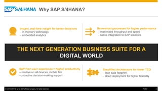 © 2016 SAP SE or an SAP affiliate company. All rights reserved. 4Public
Instant, real-time insight for better decisions
– in-memory technology
– embedded analytics
Reinvented processes for higher performance
– maximized throughput and speed
– native integration to SAP solutions
SAP Fiori user experience = higher productivity
– intuitive on all devices, mobile first
– proactive decision-making support
THE NEXT GENERATION BUSINESS SUITE FOR A
DIGITAL WORLD
Simplified Architecture for lower TCO
– lean data footprint
– cloud deployment for higher flexibility
Why SAP S/4HANA?
 