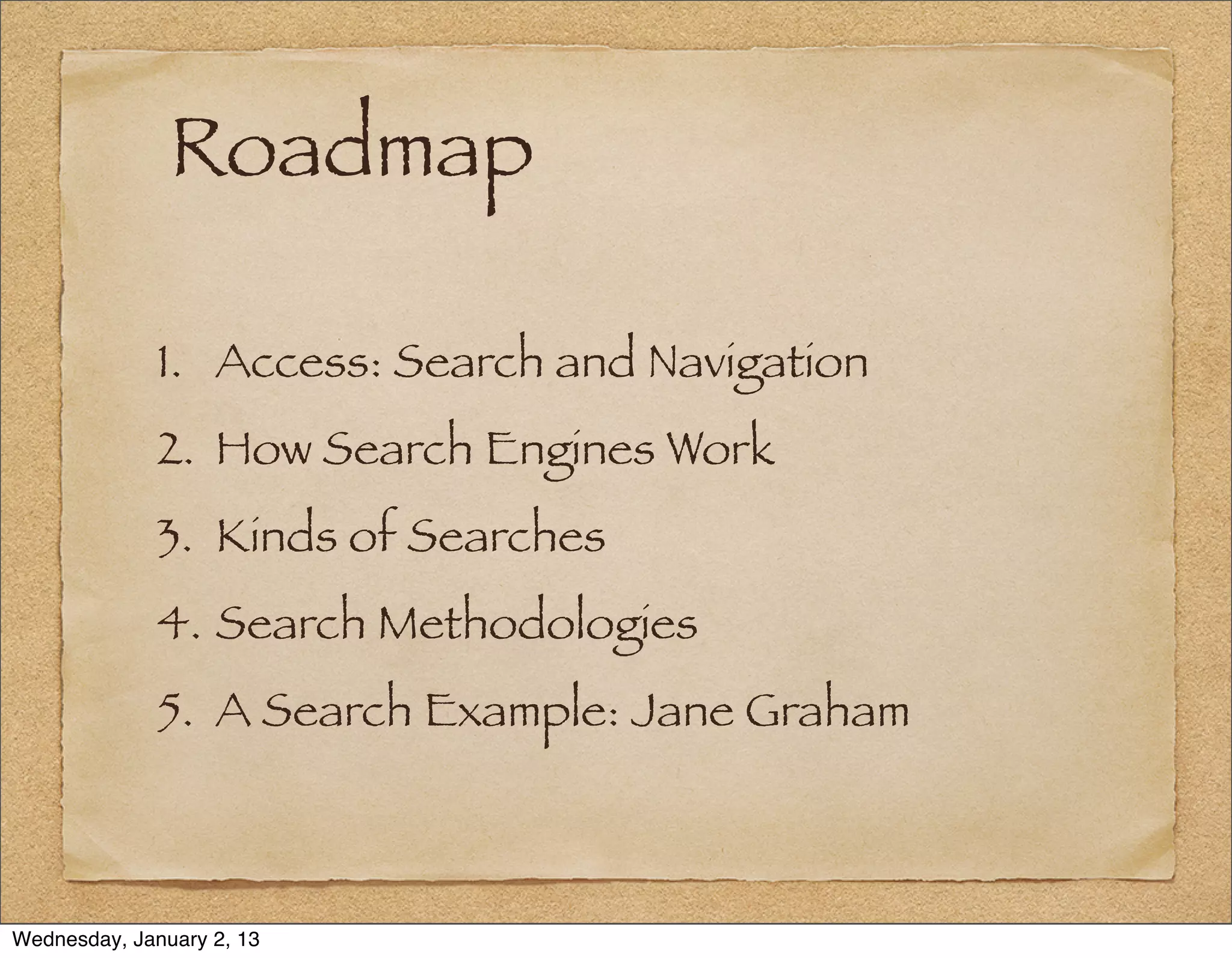 Roadmap

              1. Access: Search and Navigation
              2. How Search Engines Work
              3. Kinds of Searches
              4. Search Methodologies
              5. A Search Example: Jane Graham



Wednesday, January 2, 13
 