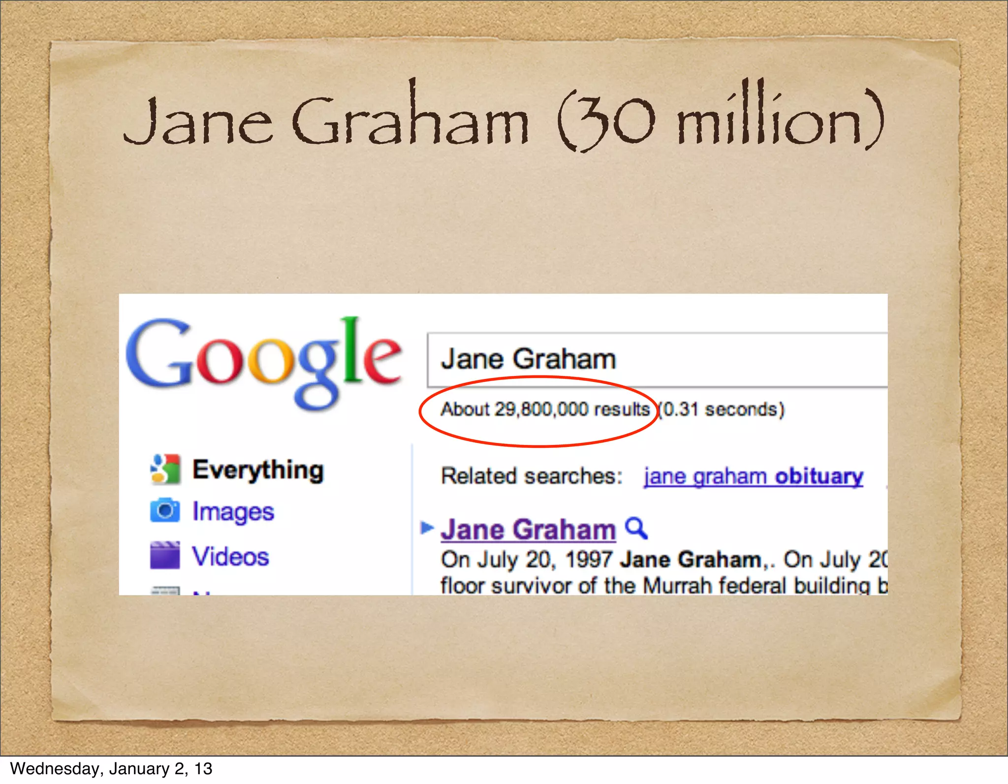 Jane Graham (30 million)




Wednesday, January 2, 13
 