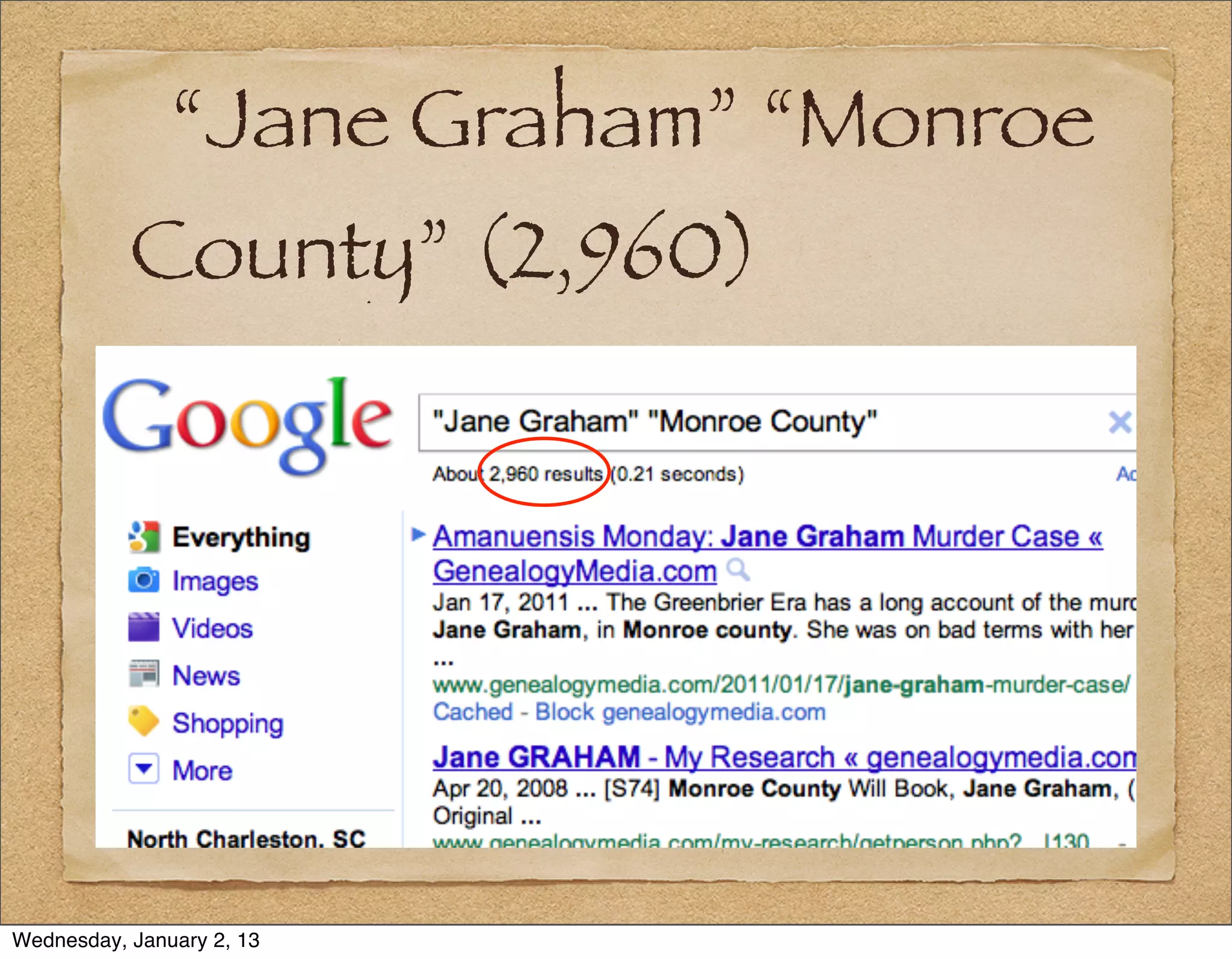 “Jane Graham” “Monroe
           County” (2,960)




Wednesday, January 2, 13
 