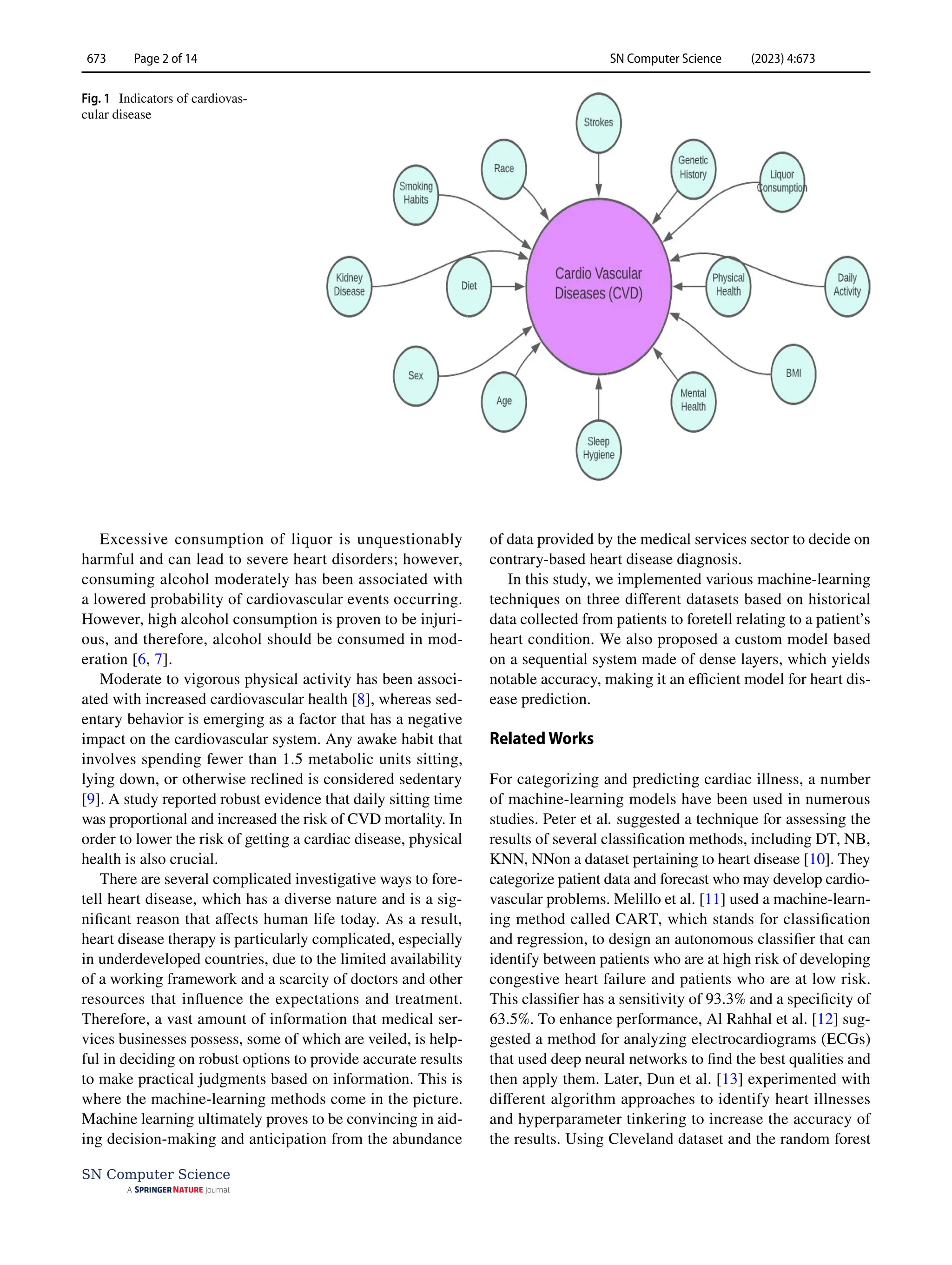 SN Computer Science (2023) 4:673
673 Page 2 of 14
SN Computer Science
Excessive consumption of liquor is unquestionably
harmful and can lead to severe heart disorders; however,
consuming alcohol moderately has been associated with
a lowered probability of cardiovascular events occurring.
However, high alcohol consumption is proven to be injuri-
ous, and therefore, alcohol should be consumed in mod-
eration [6, 7].
Moderate to vigorous physical activity has been associ-
ated with increased cardiovascular health [8], whereas sed-
entary behavior is emerging as a factor that has a negative
impact on the cardiovascular system. Any awake habit that
involves spending fewer than 1.5 metabolic units sitting,
lying down, or otherwise reclined is considered sedentary
[9]. A study reported robust evidence that daily sitting time
was proportional and increased the risk of CVD mortality. In
order to lower the risk of getting a cardiac disease, physical
health is also crucial.
There are several complicated investigative ways to fore-
tell heart disease, which has a diverse nature and is a sig-
nificant reason that affects human life today. As a result,
heart disease therapy is particularly complicated, especially
in underdeveloped countries, due to the limited availability
of a working framework and a scarcity of doctors and other
resources that influence the expectations and treatment.
Therefore, a vast amount of information that medical ser-
vices businesses possess, some of which are veiled, is help-
ful in deciding on robust options to provide accurate results
to make practical judgments based on information. This is
where the machine-learning methods come in the picture.
Machine learning ultimately proves to be convincing in aid-
ing decision-making and anticipation from the abundance
of data provided by the medical services sector to decide on
contrary-based heart disease diagnosis.
In this study, we implemented various machine-learning
techniques on three different datasets based on historical
data collected from patients to foretell relating to a patient’s
heart condition. We also proposed a custom model based
on a sequential system made of dense layers, which yields
notable accuracy, making it an efficient model for heart dis-
ease prediction.
Related Works
For categorizing and predicting cardiac illness, a number
of machine-learning models have been used in numerous
studies. Peter et al. suggested a technique for assessing the
results of several classification methods, including DT, NB,
KNN, NNon a dataset pertaining to heart disease [10]. They
categorize patient data and forecast who may develop cardio-
vascular problems. Melillo et al. [11] used a machine-learn-
ing method called CART, which stands for classification
and regression, to design an autonomous classifier that can
identify between patients who are at high risk of developing
congestive heart failure and patients who are at low risk.
This classifier has a sensitivity of 93.3% and a specificity of
63.5%. To enhance performance, Al Rahhal et al. [12] sug-
gested a method for analyzing electrocardiograms (ECGs)
that used deep neural networks to find the best qualities and
then apply them. Later, Dun et al. [13] experimented with
different algorithm approaches to identify heart illnesses
and hyperparameter tinkering to increase the accuracy of
the results. Using Cleveland dataset and the random forest
Fig. 1  Indicators of cardiovas-
cular disease
 
