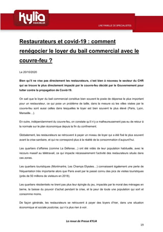La revue de Presse KYLIA
19
Restaurateurs et covid-19 : comment
renégocier le loyer du bail commercial avec le
couvre-feu ...