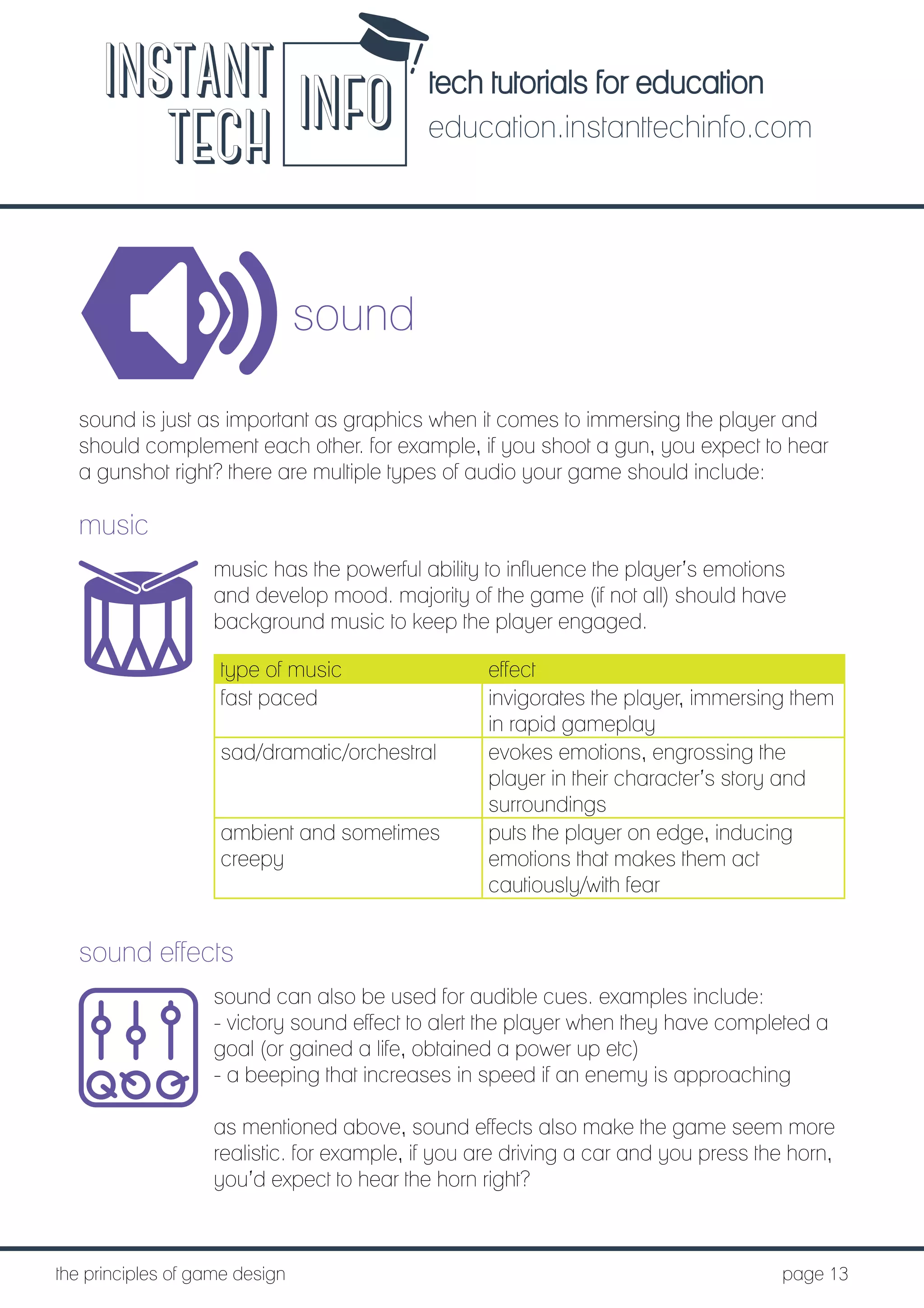 tech tutorials for education
education.instanttechinfo.com
INSTANT
TECH INFO
	the principles of game design									page 13
sound
sound is just as important as graphics when it comes to immersing the player and
should complement each other. for example, if you shoot a gun, you expect to hear
a gunshot right? there are multiple types of audio your game should include:
music
music has the powerful ability to influence the player’s emotions
and develop mood. majority of the game (if not all) should have
background music to keep the player engaged.
type of music effect
fast paced invigorates the player, immersing them
in rapid gameplay
sad/dramatic/orchestral evokes emotions, engrossing the
player in their character’s story and
surroundings
ambient and sometimes
creepy
puts the player on edge, inducing
emotions that makes them act
cautiously/with fear
sound effects
sound can also be used for audible cues. examples include:
- victory sound effect to alert the player when they have completed a
goal (or gained a life, obtained a power up etc)
- a beeping that increases in speed if an enemy is approaching
as mentioned above, sound effects also make the game seem more
realistic. for example, if you are driving a car and you press the horn,
you’d expect to hear the horn right?
 