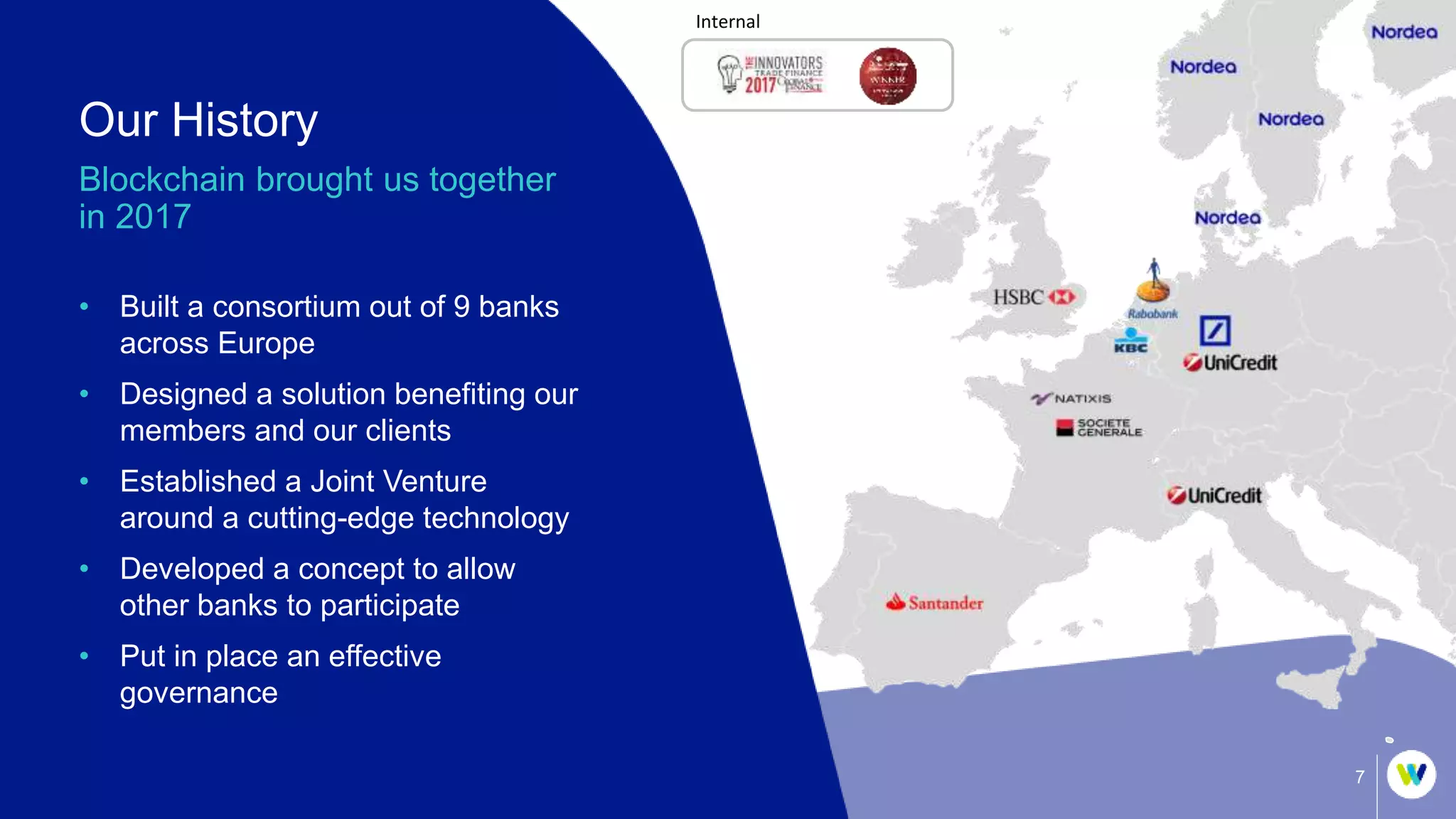 Internal
7
Our History
Blockchain brought us together
in 2017
• Built a consortium out of 9 banks
across Europe
• Designed a solution benefiting our
members and our clients
• Established a Joint Venture
around a cutting-edge technology
• Developed a concept to allow
other banks to participate
• Put in place an effective
governance