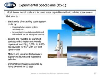 XS-1 aims to:
• Break cycle of escalating space system
costs by:
• Enabling future space system
architectures
• Leveraging interests & capabilities of
commercial sector and space tourism
• Expand the reusable air-launched
concept with a hypersonic vehicle
capable of launching 3,000- to 5,000-
lbs payloads for $5M with low-cost
upper stage
• Mature and integrate technologies
supporting launch and hypersonic
vehicles
• Demonstrate mission assurance by
flying 10 times in 10 days
Experimental Spaceplane (XS-1)
Goal: Lower launch costs and increase space capabilities with aircraft-like space access
10
Artist’s Concept
Artist’s Concept
Artist’s Concept
Approved for Public Release (DISTAR 24265), Distribution Unlimited.
 