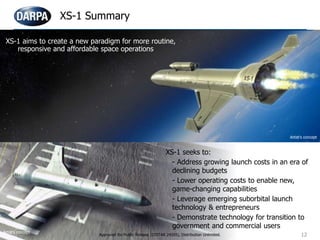 XS-1 Summary
12
Artist’s concept
XS-1 aims to create a new paradigm for more routine,
responsive and affordable space operations
12
Artist’s concept
Artist’s concept
Approved for Public Release (DISTAR 24265), Distribution Unlimited.
XS-1 seeks to:
- Address growing launch costs in an era of
declining budgets
- Lower operating costs to enable new,
game-changing capabilities
- Leverage emerging suborbital launch
technology & entrepreneurs
- Demonstrate technology for transition to
government and commercial users
 