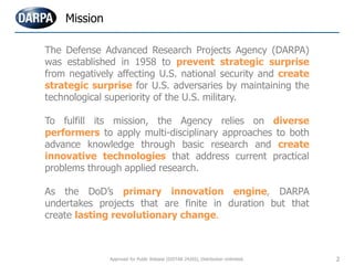 The Defense Advanced Research Projects Agency (DARPA)
was established in 1958 to prevent strategic surprise
from negatively affecting U.S. national security and create
strategic surprise for U.S. adversaries by maintaining the
technological superiority of the U.S. military.
To fulfill its mission, the Agency relies on diverse
performers to apply multi-disciplinary approaches to both
advance knowledge through basic research and create
innovative technologies that address current practical
problems through applied research.
As the DoD’s primary innovation engine, DARPA
undertakes projects that are finite in duration but that
create lasting revolutionary change.
Mission
2Approved for Public Release (DISTAR 24265), Distribution Unlimited.
 