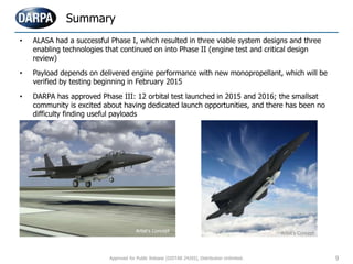 • ALASA had a successful Phase I, which resulted in three viable system designs and three
enabling technologies that continued on into Phase II (engine test and critical design
review)
• Payload depends on delivered engine performance with new monopropellant, which will be
verified by testing beginning in February 2015
• DARPA has approved Phase III: 12 orbital test launched in 2015 and 2016; the smallsat
community is excited about having dedicated launch opportunities, and there has been no
difficulty finding useful payloads
Summary
Artist’s Concept
Artist’s Concept
9Approved for Public Release (DISTAR 24265), Distribution Unlimited.
 