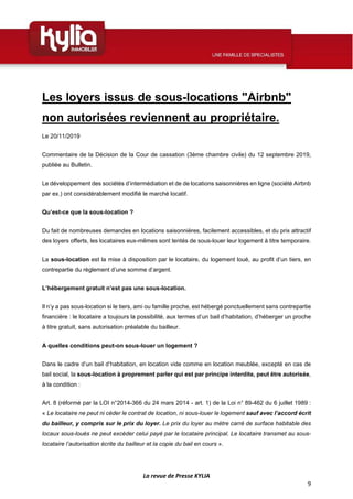 La revue de Presse KYLIA
9
Les loyers issus de sous-locations "Airbnb"
non autorisées reviennent au propriétaire.
Le 20/11...