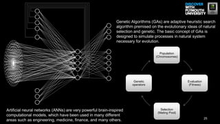 25
...
...
...
Population
(Chromosomes)
Evaluation
(Fitness)
Selection
(Mating Pool)
Genetic
operators
Artificial neural networks (ANNs) are very powerful brain-inspired
computational models, which have been used in many different
areas such as engineering, medicine, finance, and many others.
Genetic Algorithms (GAs) are adaptive heuristic search
algorithm premised on the evolutionary ideas of natural
selection and genetic. The basic concept of GAs is
designed to simulate processes in natural system
necessary for evolution.
 