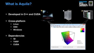 Developed in C++ and CUDA
Cross-platform
Linux
OSX
Windows
Dependencies
Qt
YARP
CUDA
What is Aquila?
 