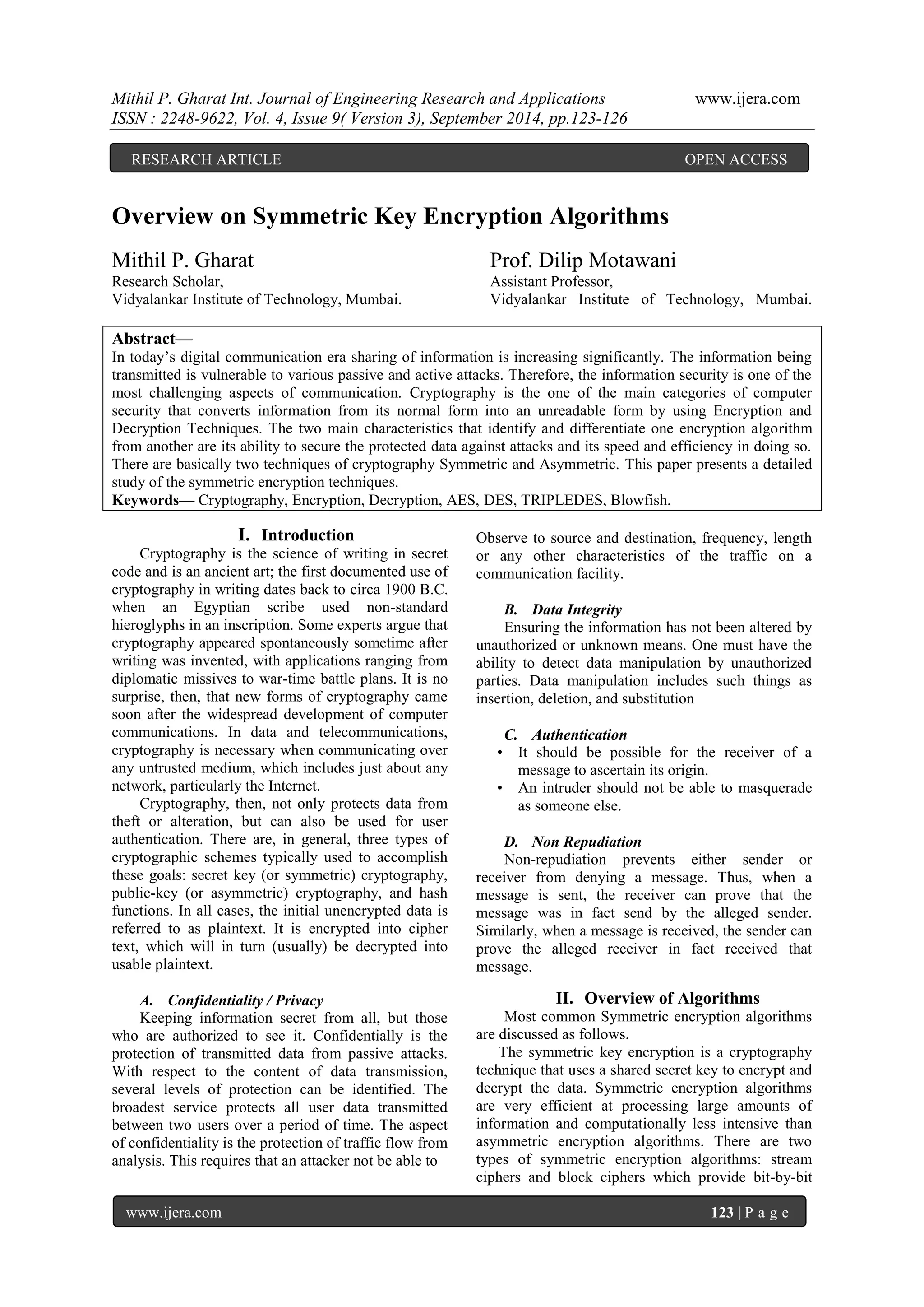 Overview on Symmetric Key Encryption Algorithms | PDF