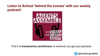 Listen to School ‘behind the scenes’ with our weekly
podcast!
Find it at horizonsnhs.com/School, or wherever you get your ...