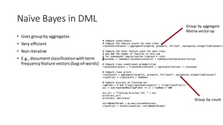 Naïve	Bayes	in	DML
• Uses	group	by	aggregates
• Very	efficient
• Non-iterative
• E.g.,	document	classification	with	term	
frequency	feature	vectors	(bag-of-words)
Group	by	aggregate
Matrix-vector	op
Group	by	count
 