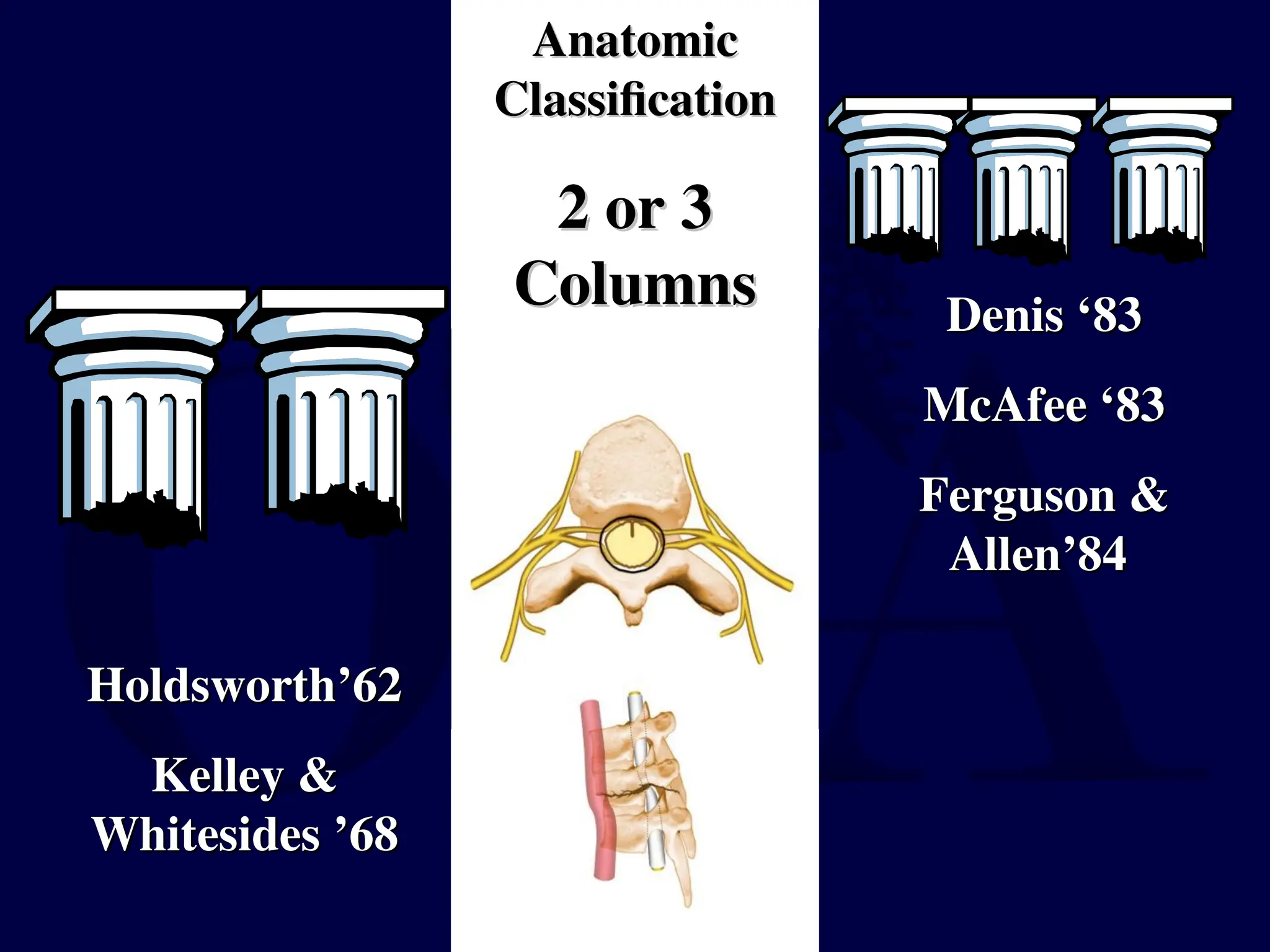 Holdsworth’62
Holdsworth’62
Kelley &
Kelley &
Whitesides ’68
Whitesides ’68
Denis ‘83
Denis ‘83
McAfee ‘83
McAfee ‘83
Ferguson &
Ferguson &
Allen’84
Allen’84
Anatomic
Anatomic
Classification
Classification
2 or 3
2 or 3
Columns
Columns
 