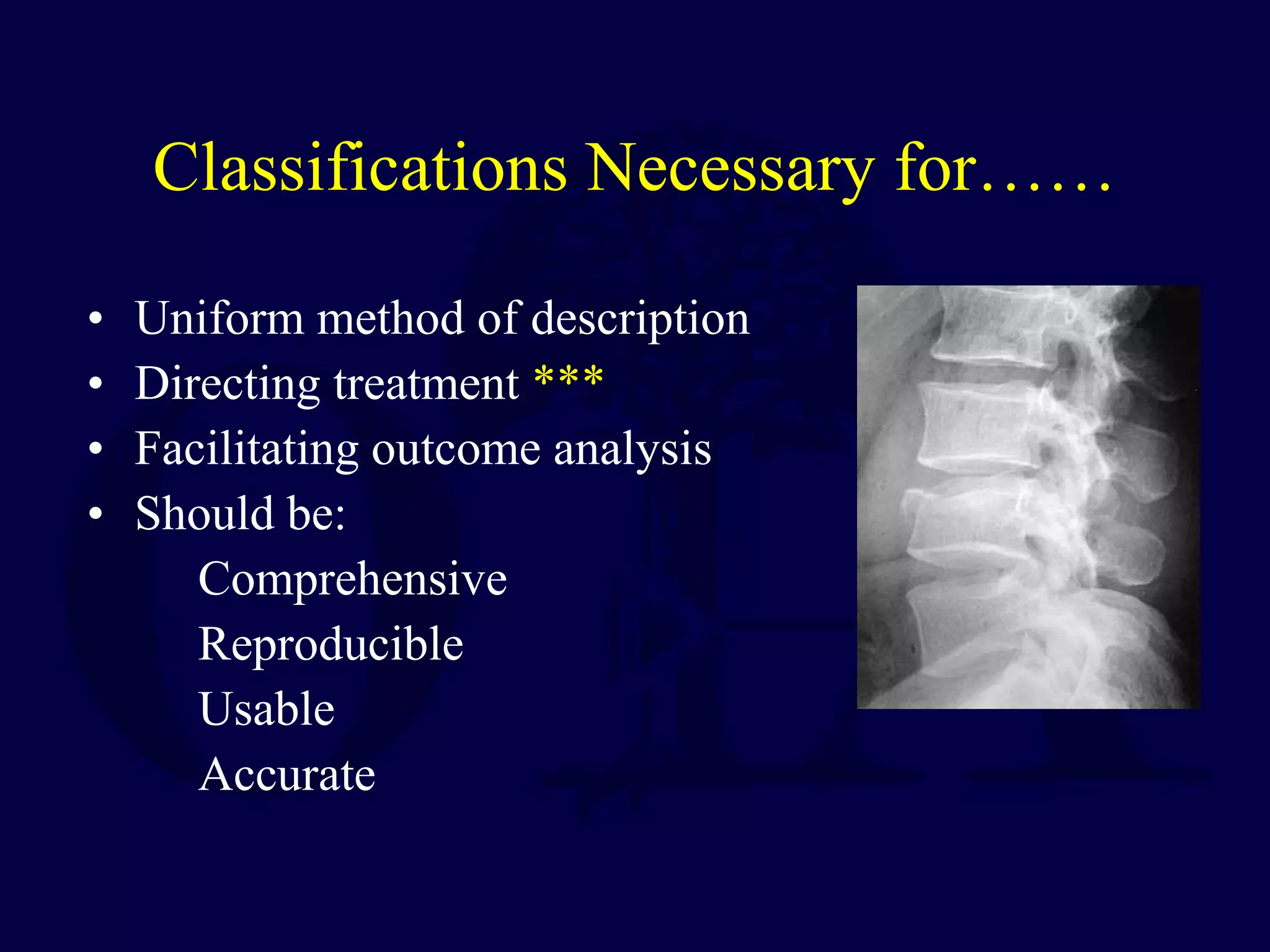 Classifications Necessary for……
• Uniform method of description
• Directing treatment ***
• Facilitating outcome analysis
• Should be:
Comprehensive
Reproducible
Usable
Accurate
 