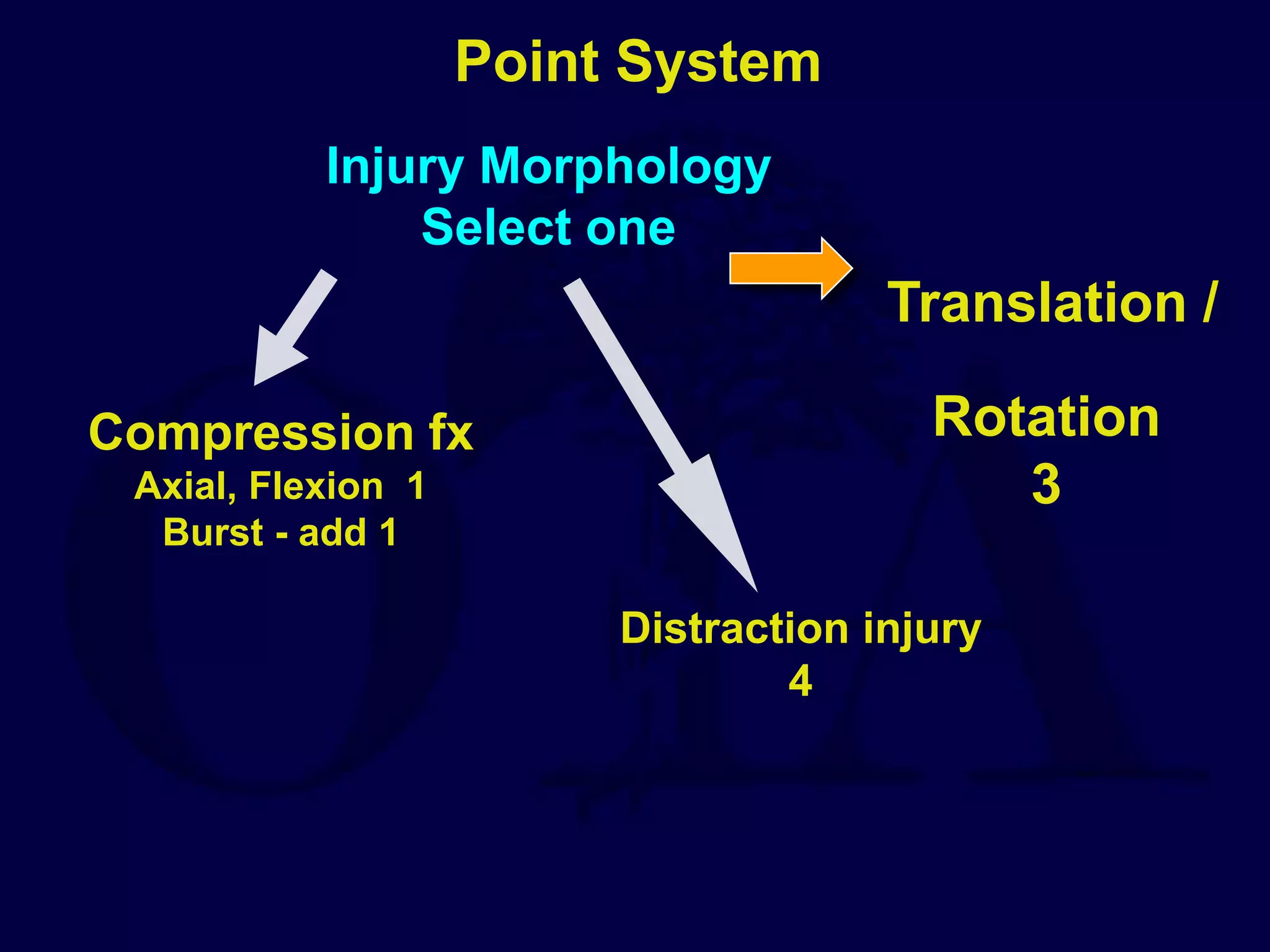 Point System
Compression fx
Axial, Flexion 1
Burst - add 1
Distraction injury
4
Translation /
Rotation
3
Injury Morphology
Select one
 