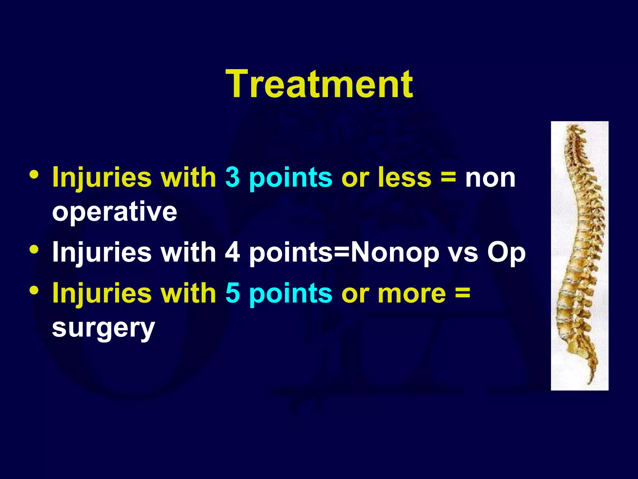 Treatment
• Injuries with 3 points or less = non
operative
• Injuries with 4 points=Nonop vs Op
• Injuries with 5 points or more =
surgery
 