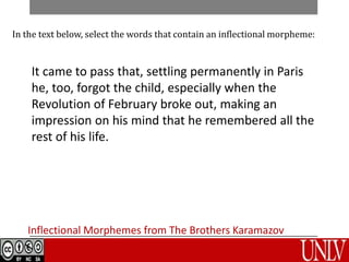 Inflectional Morphemes from The Brothers Karamazov
In the text below, select the words that contain an inflectional morpheme:
It came to pass that, settling permanently in Paris
he, too, forgot the child, especially when the
Revolution of February broke out, making an
impression on his mind that he remembered all the
rest of his life.
 