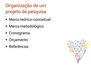 Organização de um
projeto de pesquisa
• Marco teórico-conceitual
• Marco metodológico
• Cronograma
• Orçamento
• Referências
 