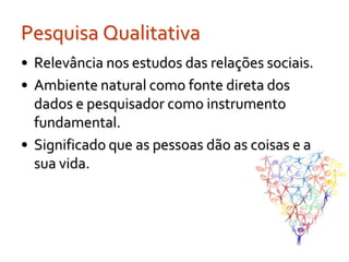 Pesquisa Qualitativa
• Relevância nos estudos das relações sociais.
• Ambiente natural como fonte direta dos
  dados e pesquisador como instrumento
  fundamental.
• Significado que as pessoas dão as coisas e a
  sua vida.
 
