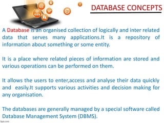 DATABASE CONCEPTS
A Database is an organised collection of logically and inter related
data that serves many applications.It is a repository of
information about something or some entity.
It is a place where related pieces of information are stored and
various operations can be performed on them.
It allows the users to enter,access and analyse their data quickly
and easily.It supports various activities and decision making for
any organisation.
The databases are generally managed by a special software called
Database Management System (DBMS).
 