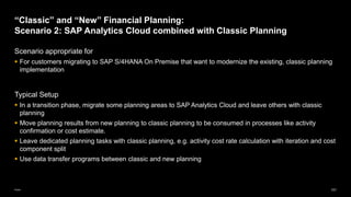101
Public
Scenario appropriate for
▪ For customers migrating to SAP S/4HANA On Premise that want to modernize the existing, classic planning
implementation
Typical Setup
▪ In a transition phase, migrate some planning areas to SAP Analytics Cloud and leave others with classic
planning
▪ Move planning results from new planning to classic planning to be consumed in processes like activity
confirmation or cost estimate.
▪ Leave dedicated planning tasks with classic planning, e.g. activity cost rate calculation with iteration and cost
component split
▪ Use data transfer programs between classic and new planning
“Classic” and “New” Financial Planning:
Scenario 2: SAP Analytics Cloud combined with Classic Planning
 