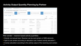 47
Public
Activity Output Quantity Planning by Partner
Plan sender – receiver based activity quantities
▪ Directly via manual input. Receiver can be cost centers or WBS elements
▪ Split to cost centers according to allocation rule (“indirect activity allocation”)
▪ Inverse calculation according to the activity output of the receiving cost centers
 