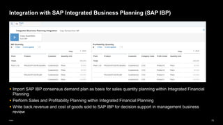 73
Public
Integration with SAP Integrated Business Planning (SAP IBP)
▪ Import SAP IBP consensus demand plan as basis for sales quantity planning within Integrated Financial
Planning
▪ Perform Sales and Profitability Planning within Integrated Financial Planning
▪ Write back revenue and cost of goods sold to SAP IBP for decision support in management business
review
 