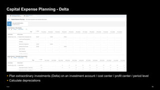 78
Public
Capital Expense Planning - Delta
▪ Plan extraordinary investments (Delta) on an investment account / cost center / profit center / period level
▪ Calculate depreciations
 