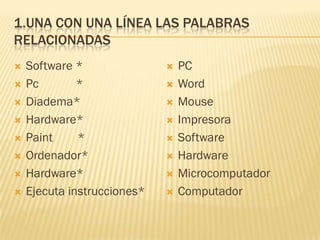 1.UNA CON UNA LÍNEA LAS PALABRAS
RELACIONADAS
   Software *                  PC
   Pc        *                 Word
   Diadema*                    Mouse
   Hardware*                   Impresora
   Paint     *                 Software
   Ordenador*                  Hardware
   Hardware*                   Microcomputador
   Ejecuta instrucciones*      Computador
 