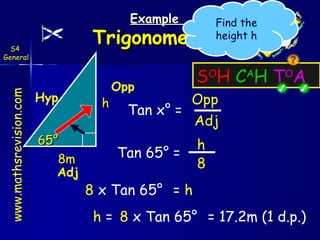 Example  65° Tan x ° = Opp Opp Adj Hyp h 8m Tan 65 ° = h 8 =  h 8  x Tan 65 ° h  = 8  x Tan 65 ° = 17.2m (1 d.p.) Adj S4  General Find the height h S O H   C A H   T O A 