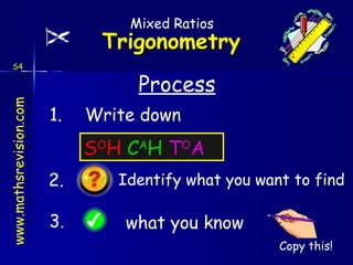 S O H  C A H   T O A 1.  Write down  Process   Identify what you want to find   what you know 3.  2.  Mixed Ratios S4 Copy this! 
