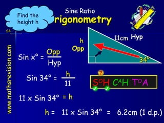 34° Sin x ° = Opp Opp Hyp Hyp h 11cm Sin 34 ° = h 11 = h 11 x Sin 34 ° h  = 11 x Sin 34 ° =  6.2cm (1 d.p.) Find the height h S O H   C A H   T O A Sine Ratio S4 