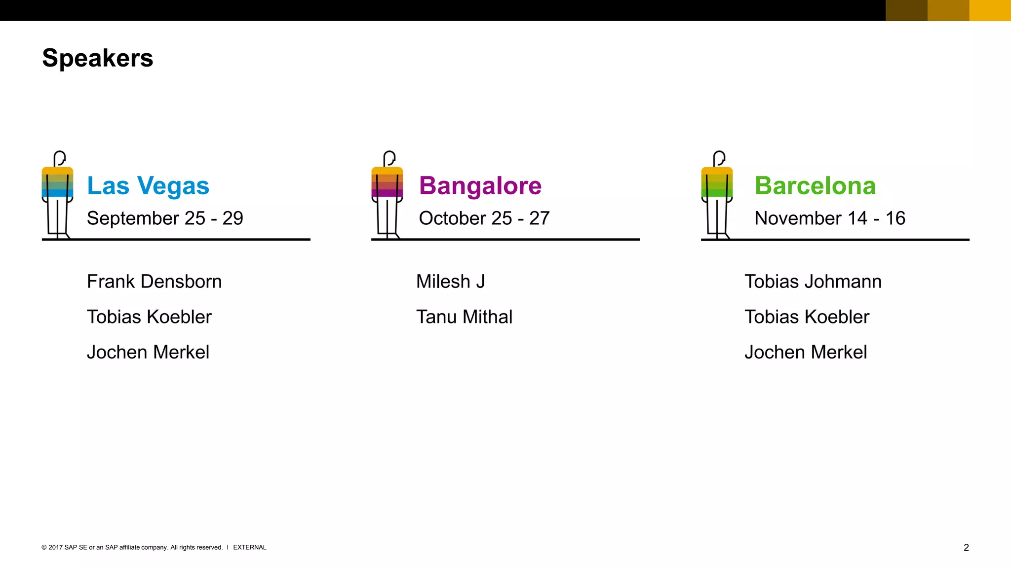2EXTERNAL© 2017 SAP SE or an SAP affiliate company. All rights reserved. ǀ
Speakers
Las Vegas
September 25 - 29
Bangalore
October 25 - 27
Barcelona
November 14 - 16
Frank Densborn
Tobias Koebler
Jochen Merkel
Milesh J
Tanu Mithal
Tobias Johmann
Tobias Koebler
Jochen Merkel
 