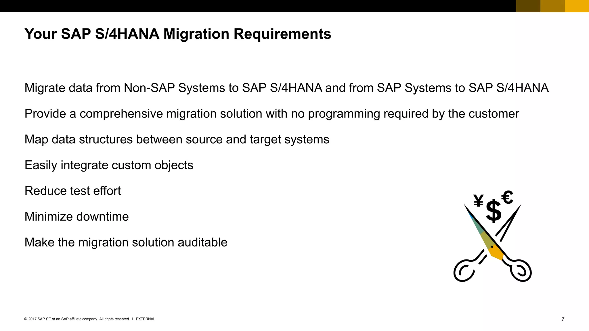 7EXTERNAL© 2017 SAP SE or an SAP affiliate company. All rights reserved. ǀ
Migrate data from Non-SAP Systems to SAP S/4HANA and from SAP Systems to SAP S/4HANA
Provide a comprehensive migration solution with no programming required by the customer
Map data structures between source and target systems
Easily integrate custom objects
Reduce test effort
Minimize downtime
Make the migration solution auditable
Your SAP S/4HANA Migration Requirements
 