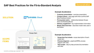 24PUBLIC© 2019 SAP SE or an SAP affiliate company. All rights reserved. ǀ
SAP Best Practices for the Fit-to-Standard Analysis
SCOPE
ITEMS
SOLUTION
Example Accelerators
• Scope-item fact sheets - scope description of each
scope item
• Process diagrams - graphical BPML process
diagram with roles
• Test scripts - step by step process documentation
with data
Example Accelerators
• Customer presentation - overview presentation
• Content Library - web page with links to all the SAP
Best Practices content
• Prerequisite matrix - relationship between Scope
Items and Building Blocks
• Delivery supplement - key implementation information
• Master Data Overview - describes master data used in
the Edition
Cloud
Scope Item
Test Scripts Process diagram
Demonstration
 