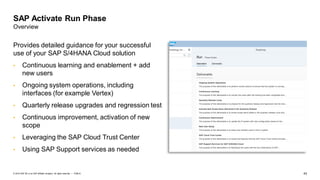 43PUBLIC© 2019 SAP SE or an SAP affiliate company. All rights reserved. ǀ
Provides detailed guidance for your successful
use of your SAP S/4HANA Cloud solution
• Continuous learning and enablement + add
new users
• Ongoing system operations, including
interfaces (for example Vertex)
• Quarterly release upgrades and regression test
• Continuous improvement, activation of new
scope
• Leveraging the SAP Cloud Trust Center
• Using SAP Support services as needed
SAP Activate Run Phase
Overview
 