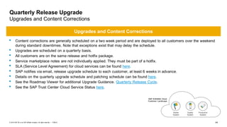 44PUBLIC© 2019 SAP SE or an SAP affiliate company. All rights reserved. ǀ
Quarterly Release Upgrade
Upgrades and Content Corrections
• Content corrections are generally scheduled on a two week period and are deployed to all customers over the weekend
during standard downtimes. Note that exceptions exist that may delay the schedule.
• Upgrades are scheduled on a quarterly basis.
• All customers are on the same release and hotfix package.
• Service marketplace notes are not individually applied. They must be part of a hotfix.
• SLA (Service Level Agreement) for cloud services can be found here.
• SAP notifies via email, release upgrade schedule to each customer, at least 6 weeks in advance.
• Details on the quarterly upgrade schedule and patching schedule can be found here.
• See the Roadmap Viewer for additional Upgrade Guidance. Quarterly Release Cycle.
• See the SAP Trust Center Cloud Service Status here.
Upgrades and Content Corrections
Starter
System
Quality
System
Productive
System
SAP S/4HANA Cloud
Customer Landscape
 