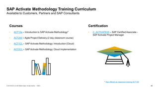 49PUBLIC© 2019 SAP SE or an SAP affiliate company. All rights reserved. ǀ
SAP Activate Methodology Training Curriculum
Available to Customers, Partners and SAP Consultants
Courses
• ACT10e – Introduction to SAP Activate Methodology*
• ACT200 – Agile Project Delivery (2 day classroom course)
• ACT1CL – SAP Activate Methodology: Introduction (Cloud)
• ACT2CL – SAP Activate Methodology: Cloud Implementation
Certification
• C_ACTIVATE05 – SAP Certified Associate -
SAP Activate Project Manager
* Also offered as classroom training ACT100
 