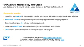 52PUBLIC© 2019 SAP SE or an SAP affiliate company. All rights reserved. ǀ
Community benefits:
▪ Learn from our experts on various topics, gaining key insights, and stay up-to-date on the latest releases
▪ Webinars & events outlining the key topics which help organizations during project phases
▪ Open hours to engage live with our methodology experts
▪ Interactive collaboration with users regarding content, questions, and updates
▪ FREE access to the latest content to help organizations with projects
Join our community today: http://bit.ly/SAPActivate
Current members, access our community by clicking here
SAP Activate Methodology Jam Group
Join the Exclusive Community with the Latest Content on SAP Activate Methodology!
 