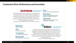 31INTERNAL© 2017 SAP SE or an SAP affiliate company. All rights reserved. ǀ
© 2017 SAP SE or an SAP affiliate company. All rights reserved. 31Public
Customers Drive Performance and Innovation
“SAP Digital Boardroom helps your executive team
or board see the real results of your strategy and
quickly see where you are on that journey. There is
no room for diverse interpretation; results are
based on tangible evidence, real–time information,
and a single source of data.”
Keith Sturgill, Vice President and CIO, Eastman Chemical Company
One
​Version of the truth across the management team
Real-time
​Visibilityof business performance and business
strategy for immediate action when needed
Improved
​Ability to predict future customer needs and new
markets based on what-if analysis
“The journey we are on will allow us to connect our
employees, suppliers, customers, and networks to our
digital core. With SAP S/4HANA at the center, we are
designing and building solutions that are mobile,
intuitive, robust, and valuable, enabling our customers to
be more autonomous and productive and to easily do
business with us.”​
David Scullin, CIO, Ballance Agri-Nutrients​
Reduced
Month-end closing time​
75%
Faster key business processes
<1 second​
For real-time insight into years of data
Decreased​
Sales reporting from 2 hours to 20 minutes​
Business Transformation Study,
Customer Reference Slide
Business Transformation Study,
Customer Reference Slide
 