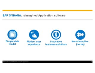 © 2015 SAP SE or an SAP affiliate company. All rights reserved. 17
SAP S/4HANA: reimagined Application software
Simple data
model
Modern user
experience
Innovative
business solutions
Non-disruptive
journey
 